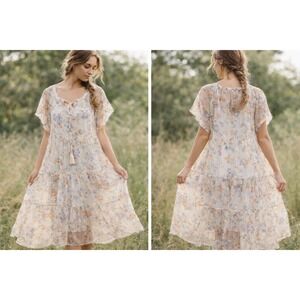 NWT In Loom Fairbacks Women's Floral Print Tassel Neck Tiered Midi Dress Sheer